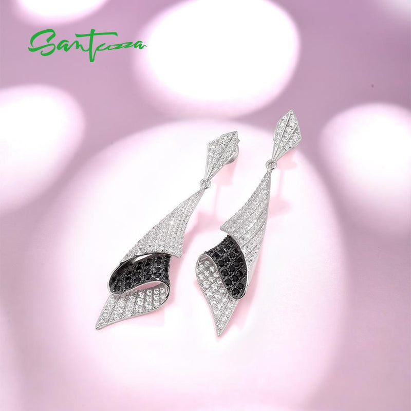 925 Sterling Silver Folded Black Spinel and White Cubic Zirconia Earrings for Woman