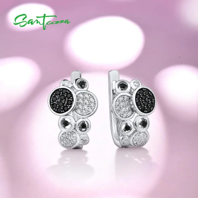 925 Sterling Silver Round Black Spinel White CZ Stud Earrings for Women