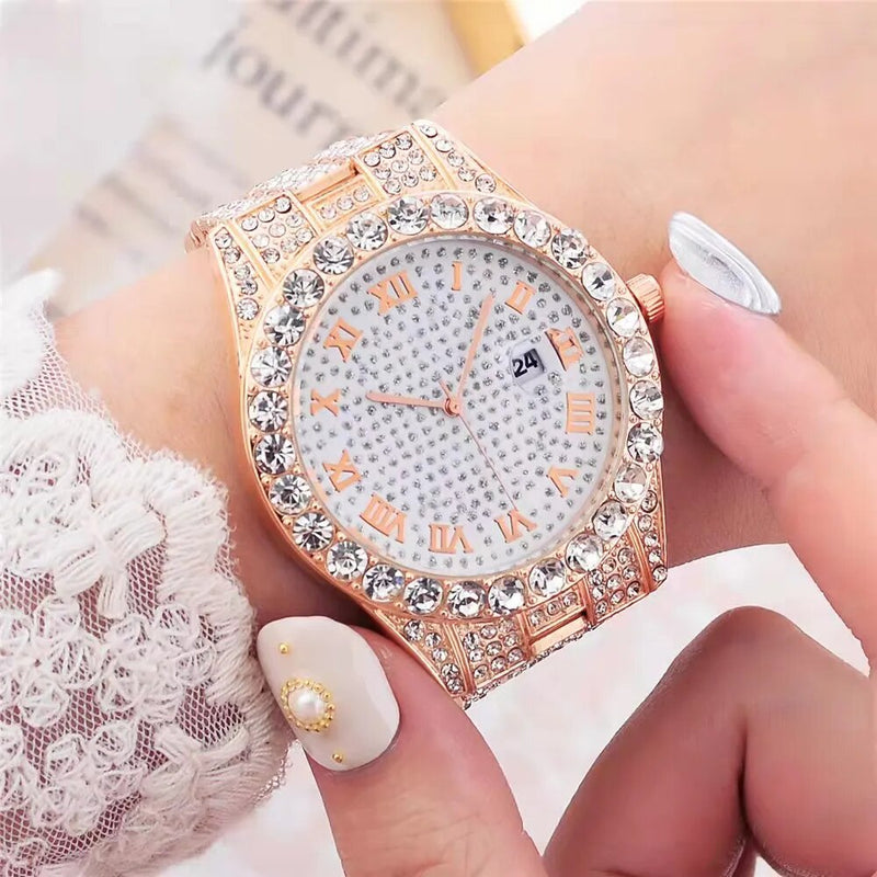 Gold Full Iced Out Quartz Wristwatch for Women