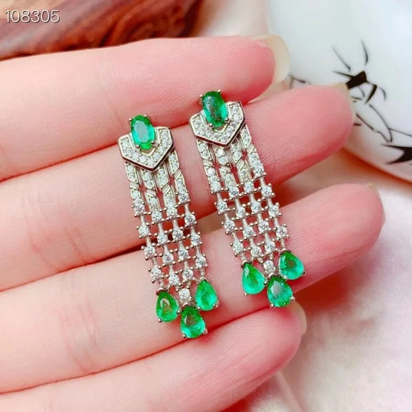 925 Sterling Silver Green Gemstone Created Emerald Dangle Earrings Ring for Women