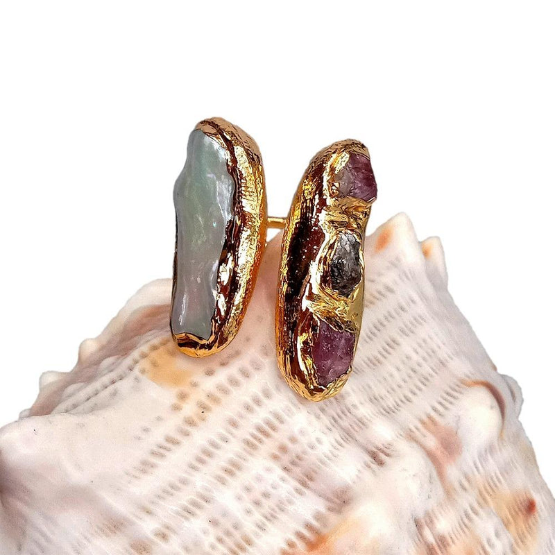 Y.YING Cultured Biwa Pearl Natural Tourmaline Rough Gold Plated Ring Adjustable