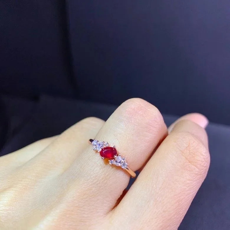 925 Silver Hemp Flowers & Red Ruby Ring for Woman