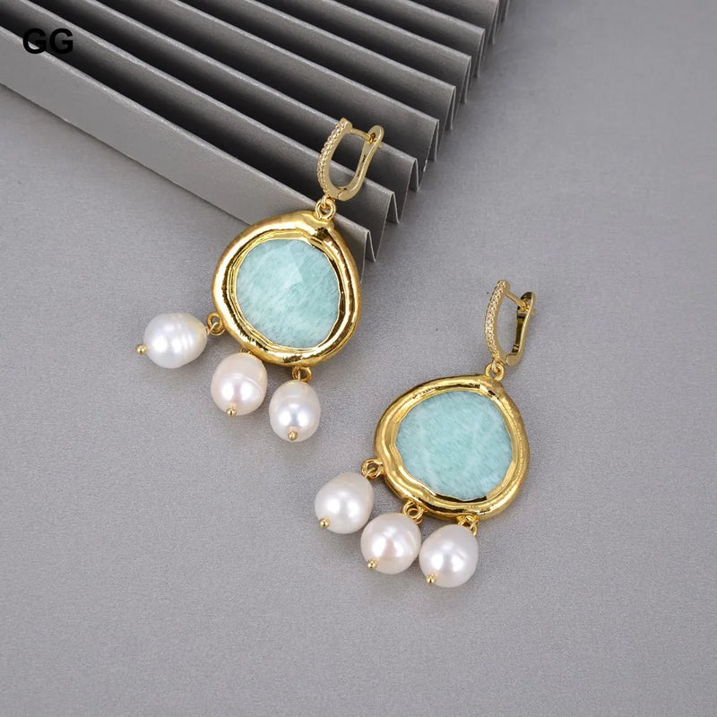 Silver Amazonite and Rice Pearl Dangle Earrings for Women