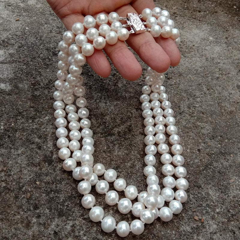 Y.YING 3 strands Natural  Real Cultured White Potato Shape Pearl 10-11mm Necklace 925 Silver Clasp