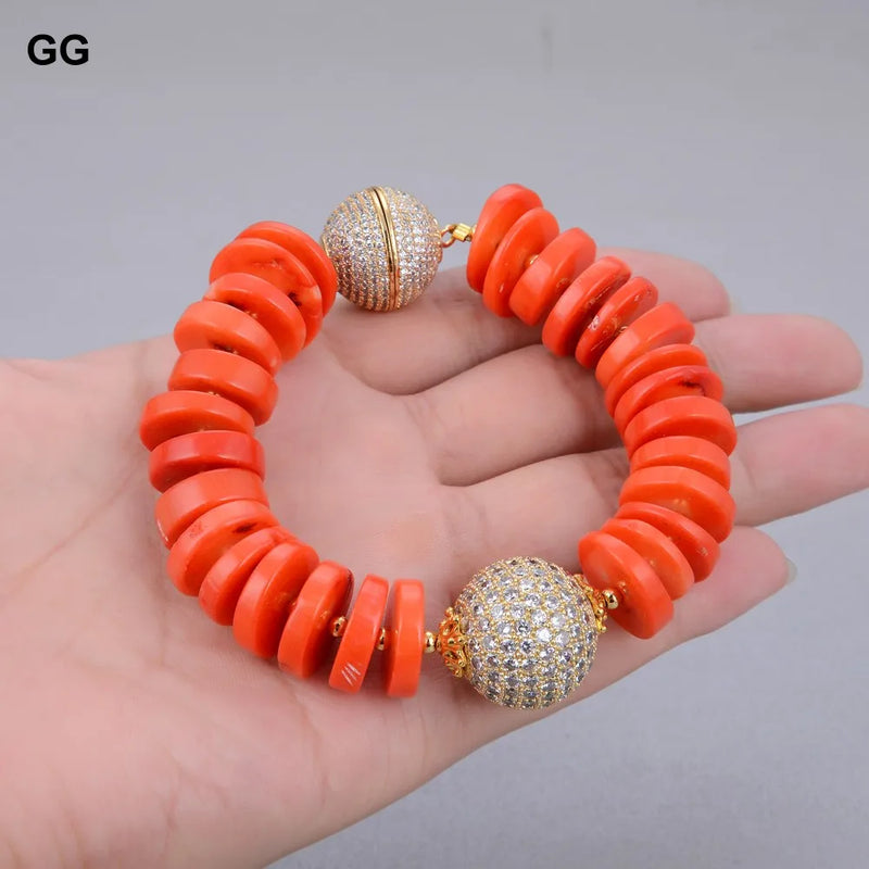 Sterling Silver Orange Space Corals and CZ Ball Bracelet For Women