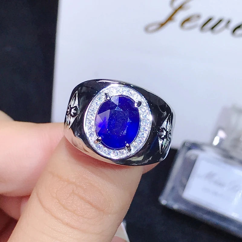 925 Pure Silver 4 Carat Natural Sapphire Ring with Color for Men