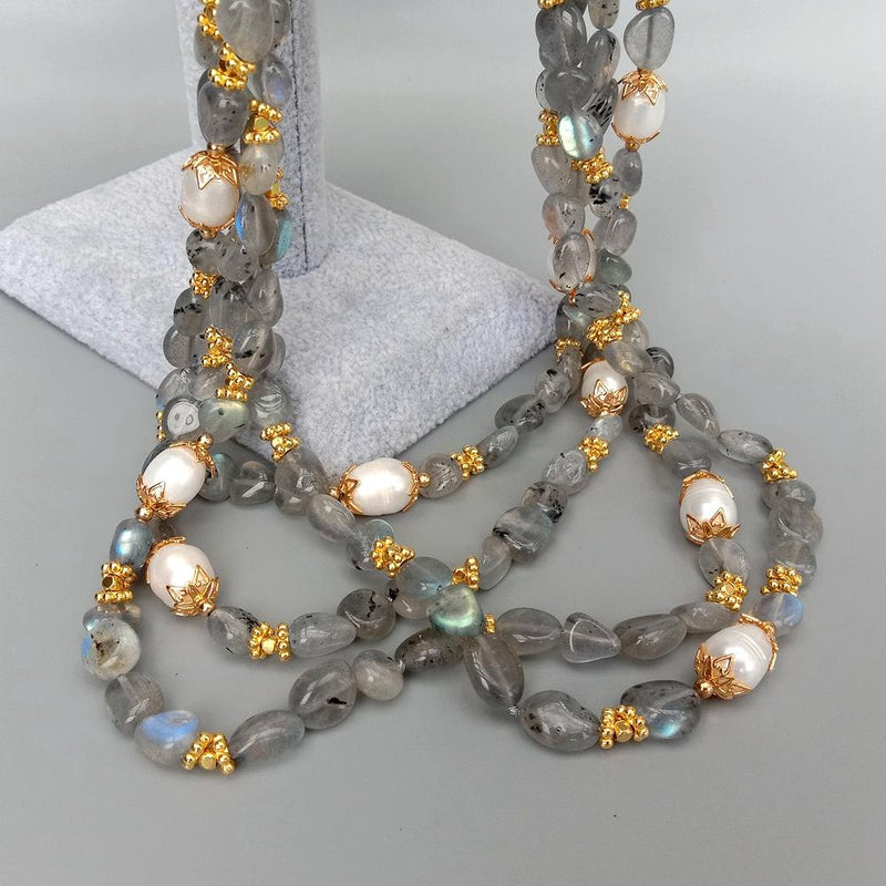 Sterling Silver Natural Labradorite & Cultured Pearl Necklace, 19.5" for women