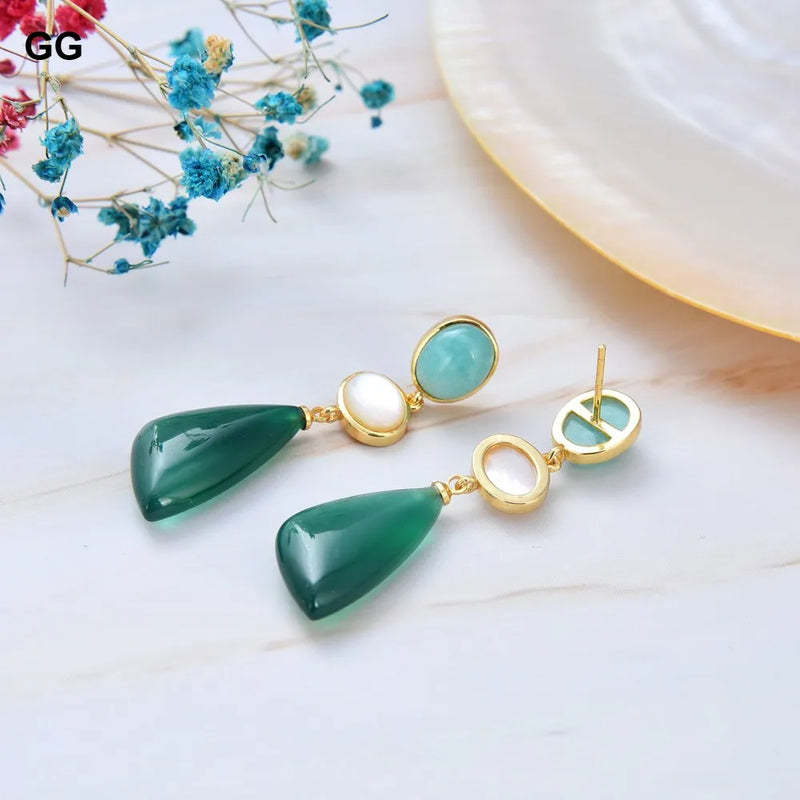 Gold plated geometric Amazonite and shell stud earrings. for her