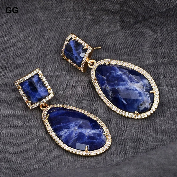 18K Gold Plated Sodalite Blue Druzy Dangle Stud Earrings for Women