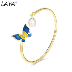 925 Sterling Silver Freshwater Pearl Enamel Butterfly Bracelet for Women