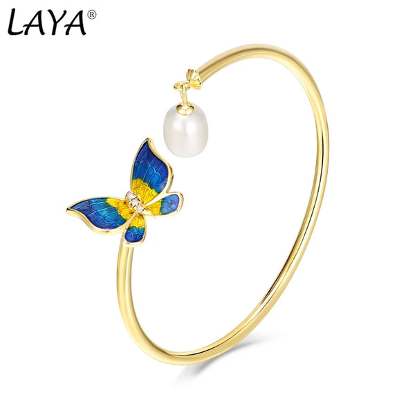 925 Sterling Silver Freshwater Pearl Enamel Butterfly Bracelet for Women