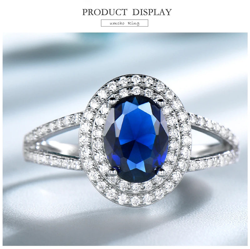 925 Sterling Silver Oval Sapphire and Zircon Ring for Women