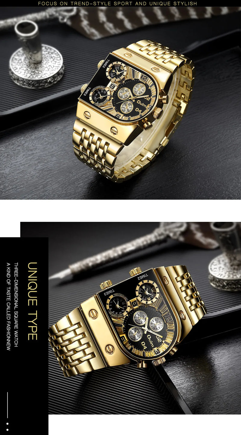 Multifunctional Large Dial Luminous Men's Watch with Gold Steel Belt and Multi-Time Zone Quartz Movement