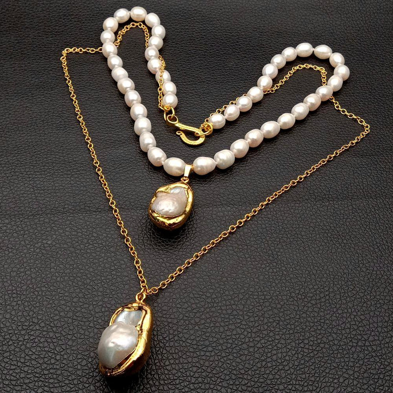 925 Sterling Silver White Cultured Rice Pearl Chain Necklace with White Keshi Pearl Pendant for Women