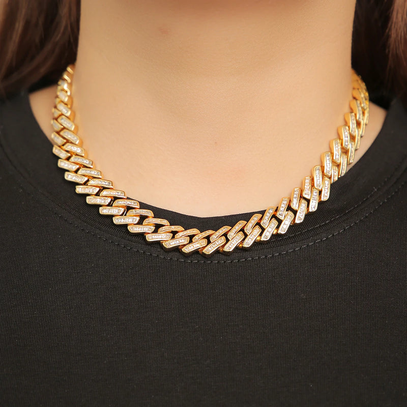 Gold Color Bubble Letter Baguette Necklace Cuban Link Chain for Men