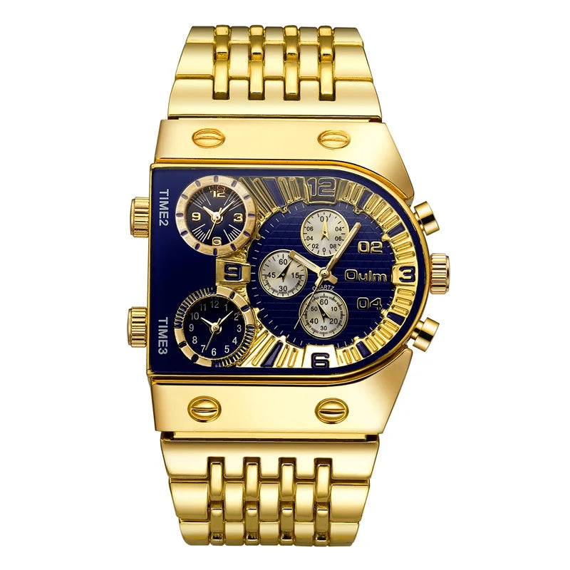 Multifunctional Large Dial Luminous Men's Watch with Gold Steel Belt and Multi-Time Zone Quartz Movement