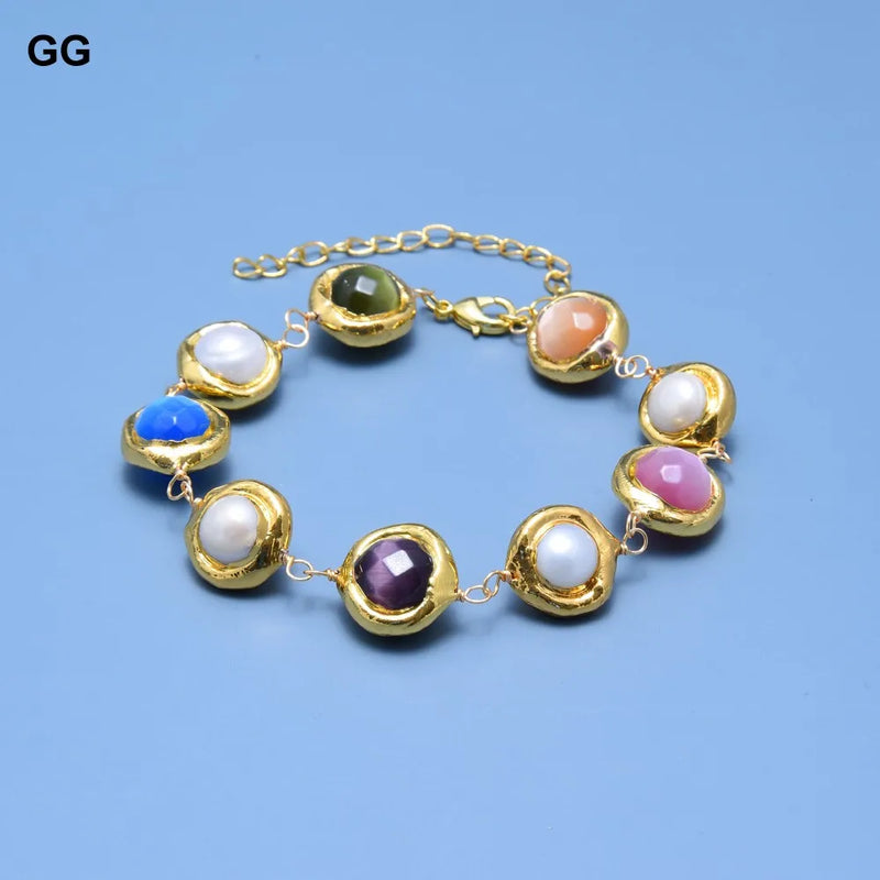 Gold Plated Natural White Keshi Pearl Cat Eye Wrap Bracelet for Ladies