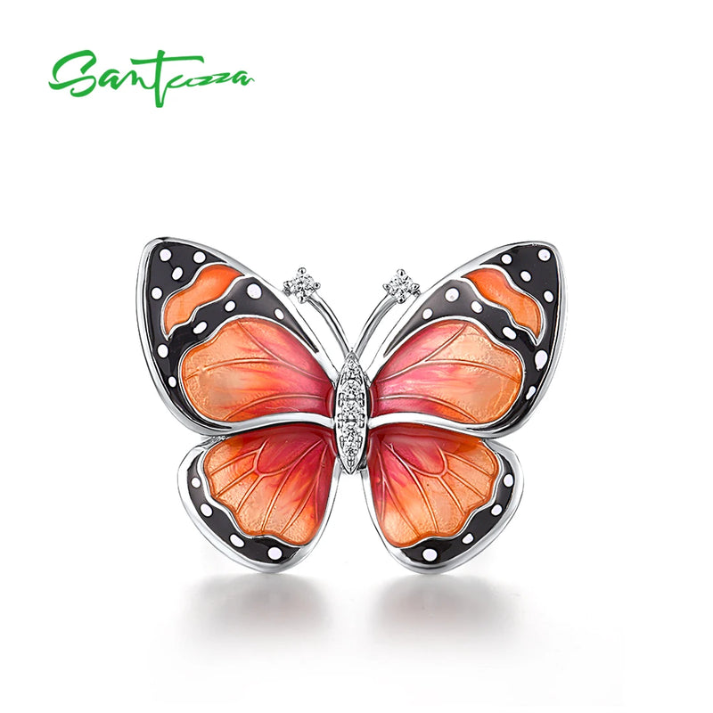 Sterling Silver White CZ Coral Enamel Butterfly Ring For Women