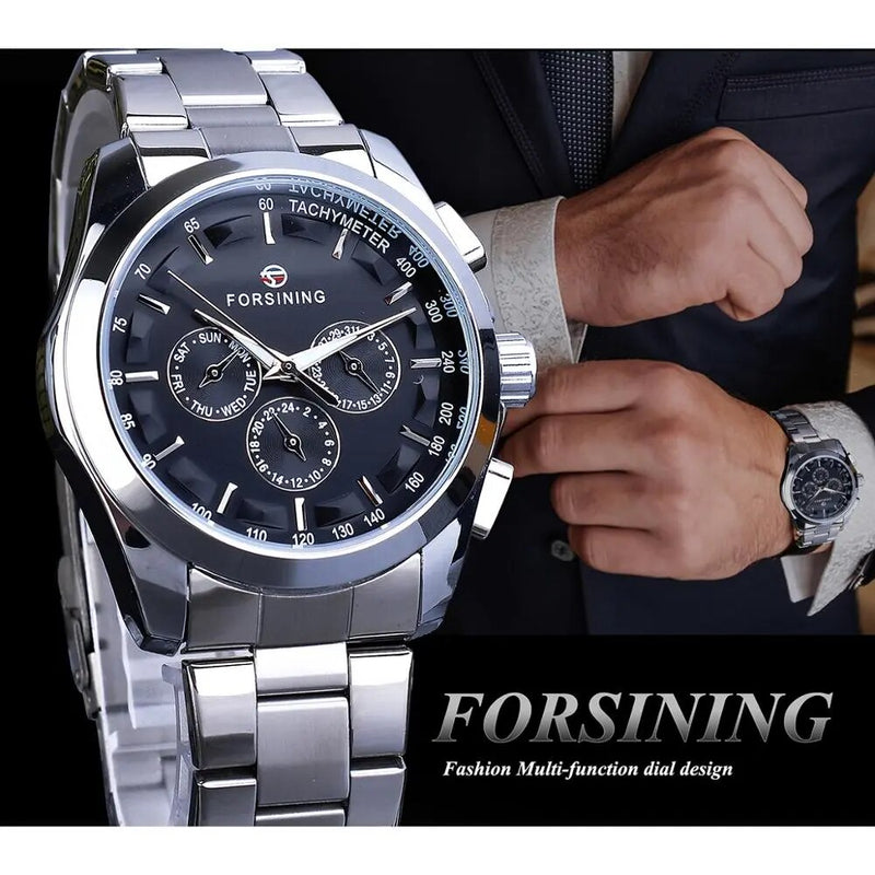 Steel Automatic Watch Black Dial with Calendar & Luminous Hands for Men