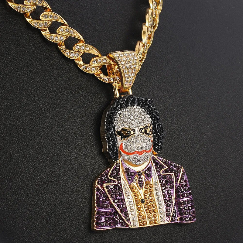 Cuban Link Chain Necklace with Iced Out Clown Pendant for Men and Women