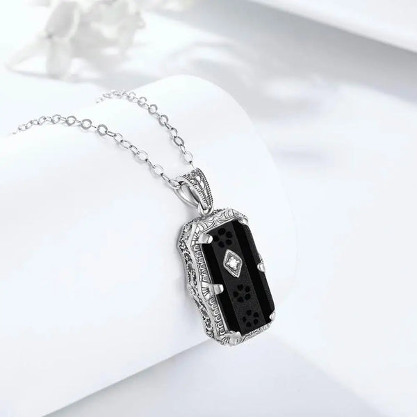 Sterling Silver 925 Black Onyx Pendant with Stone Flower Fleur de Lis Filigree for Women