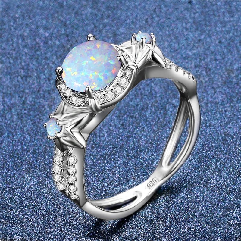 Sterling Silver Flower Opal Ring with Cubic Zirconia for Women