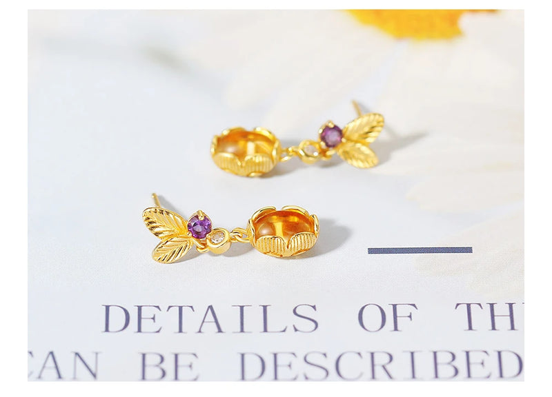 Sterling Silver Citrine Drop Earrings Leaf Shape for Women