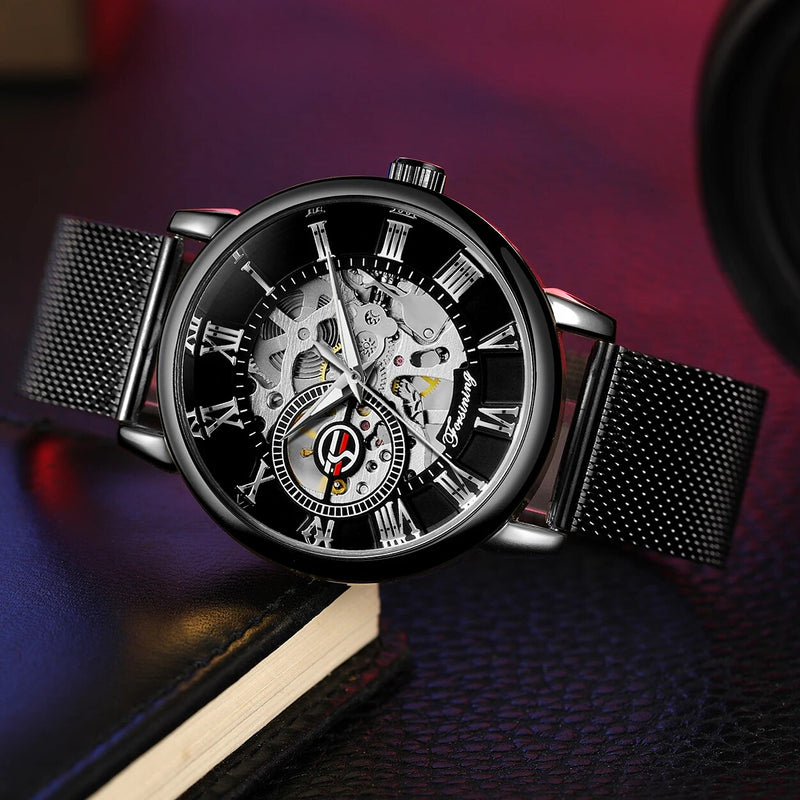 Stainless Steel Skeleton Mechanical Wristwatch for Men