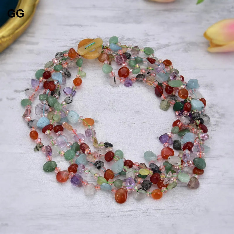 Sterling Silver 5 Rows Natural Mix Natural Stone Agate Jade Crystal Jasper Mix Color Gemstone Torzadas Necklace for Women