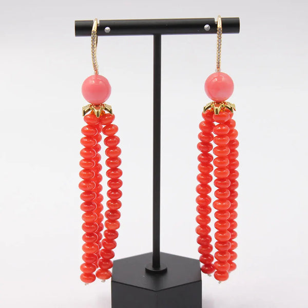 Gold Plated Orange Pink Coral CZ Pave Lever Back Dangle Earrings for Women