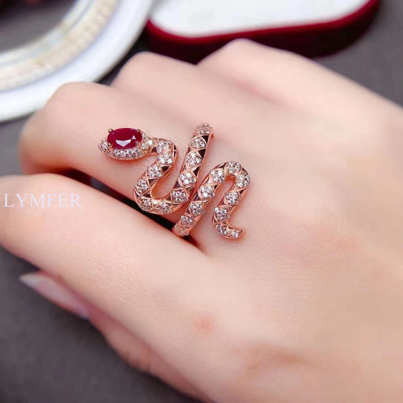 Sterling Silver Snake Ring with Natural Ruby evoking the allure of a sophisticated lady's personality and animal spirit.