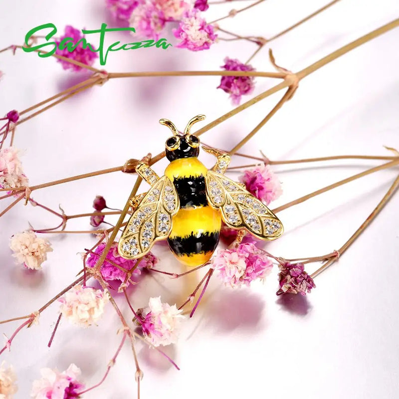 925 Sterling Silver Yellow Gold Enamel Bee Brooch for Women