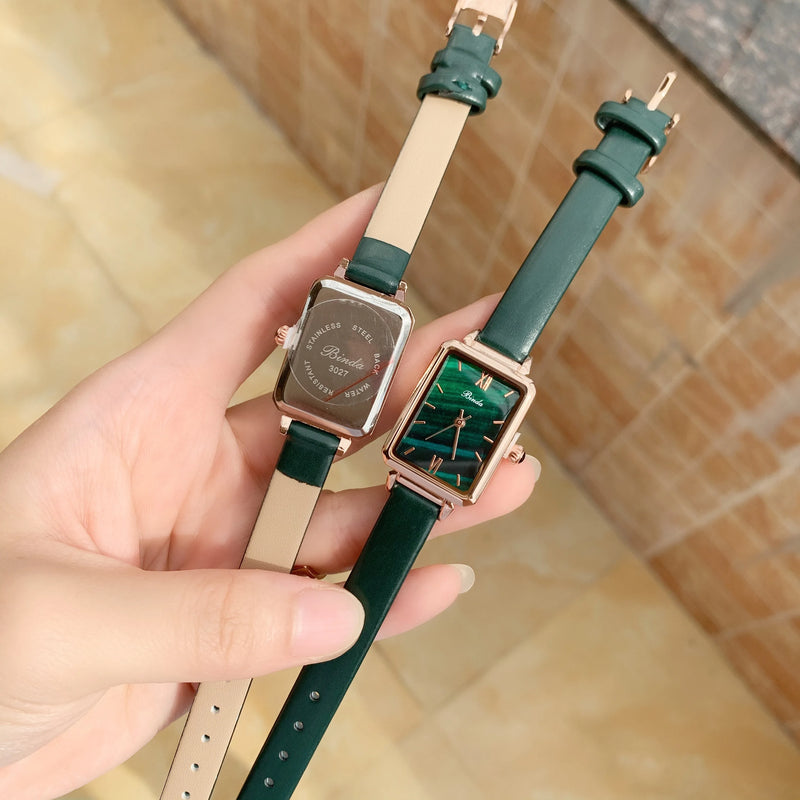 Slim, Green Rectangle Luxury Watch for Women: Quartz Movement, Waterproof, Leather Strap.