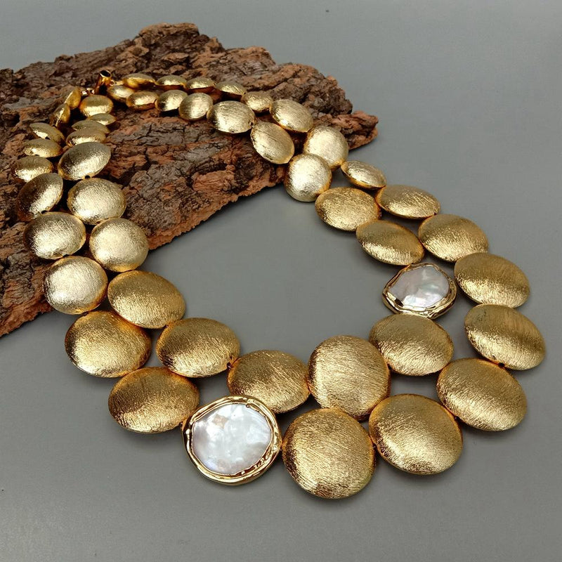 Gold Plated Cultured White Coin Pearl Necklace, 2 Rows, 18" for Women