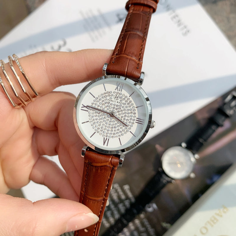 Luxury Women's Leather Quartz Diamond Dress Watch in Feminine Style