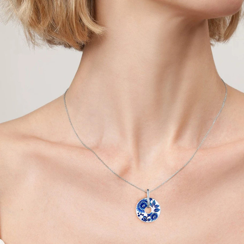 925 Sterling Silver Blue Enamel Flower Pendant for Women