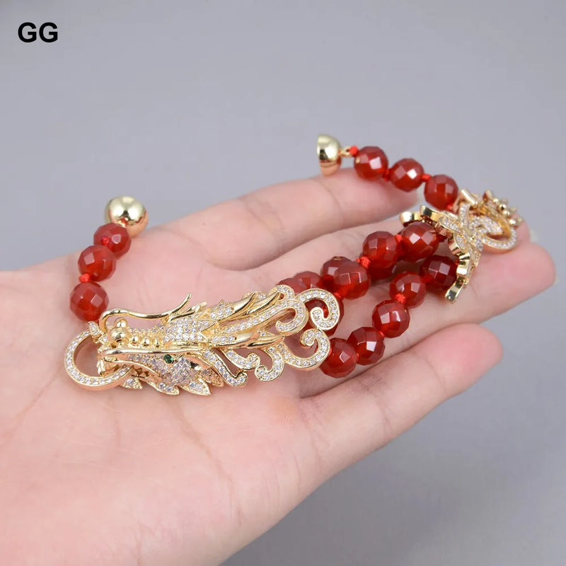 Sterling Silver 8mm Red Carnelian & CZ Dragon Connector Bracelet for Women