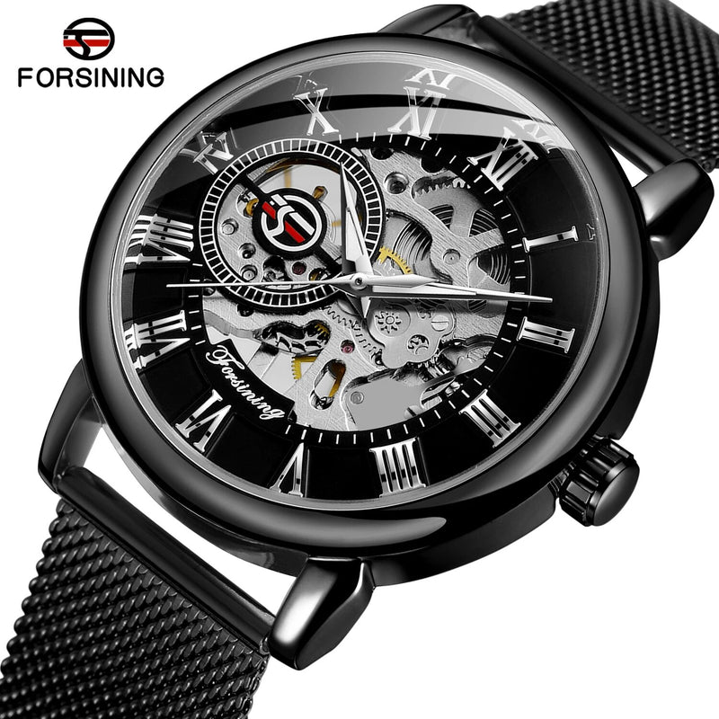 Stainless Steel Skeleton Mechanical Wristwatch for Men