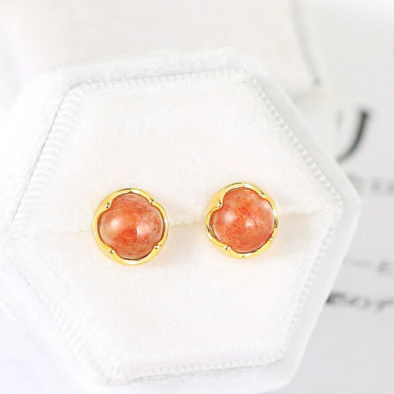 Sterling Silver Sunstone Stud Earrings with 14K Gold Plating for Women