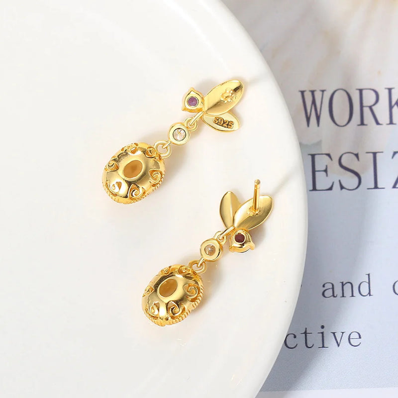 Sterling Silver Citrine Drop Earrings Leaf Shape for Women