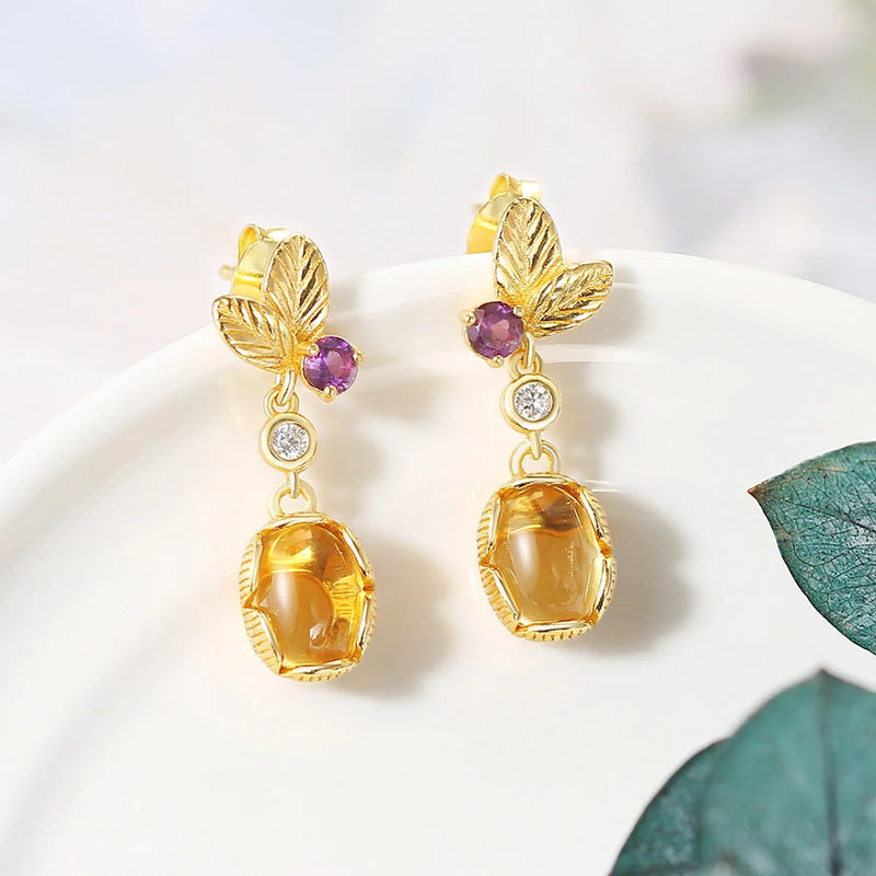 Sterling Silver Citrine Drop Earrings Leaf Shape for Women