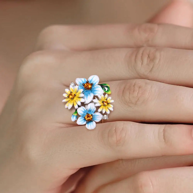 Sterling Silver Flower Enamel Rings Cubic Zirconia for Women