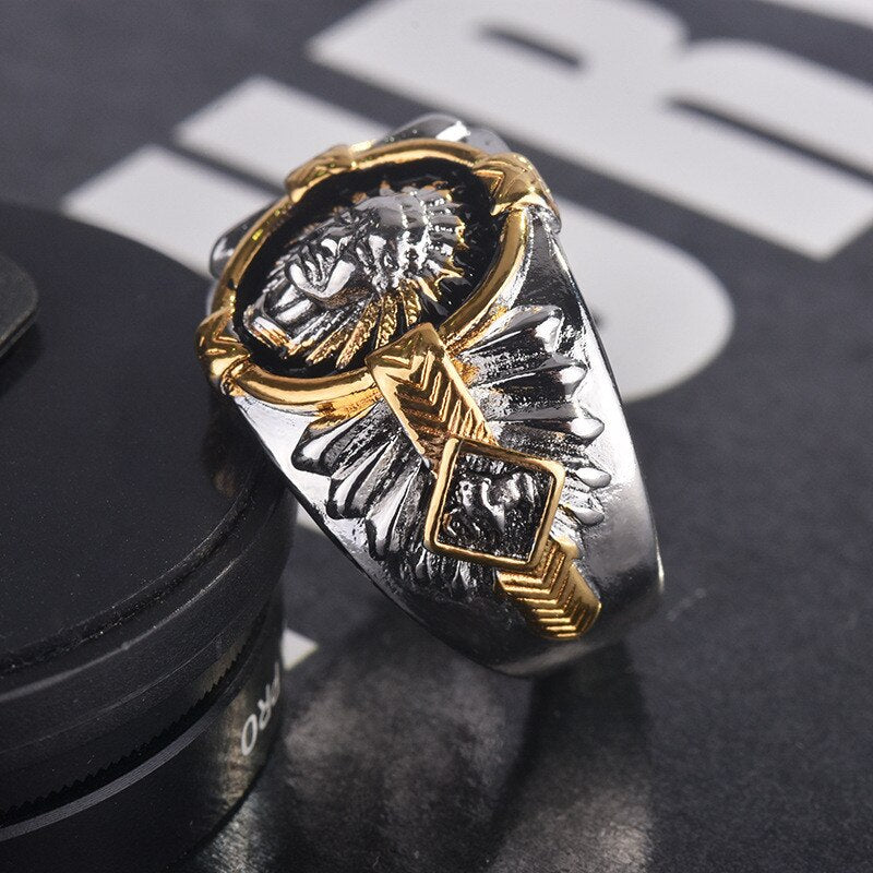 Black Enamel Indian Chief Carving Hip Hop Rings for Men