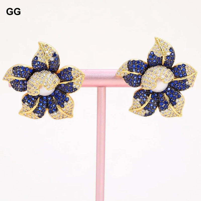 Yellow Gold Plated White Pearl Blue CZ Flower Earrings for Women