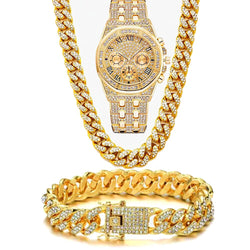 Gold Iced Out CZ Watch with Cuban Chain Necklace Set for Men Women