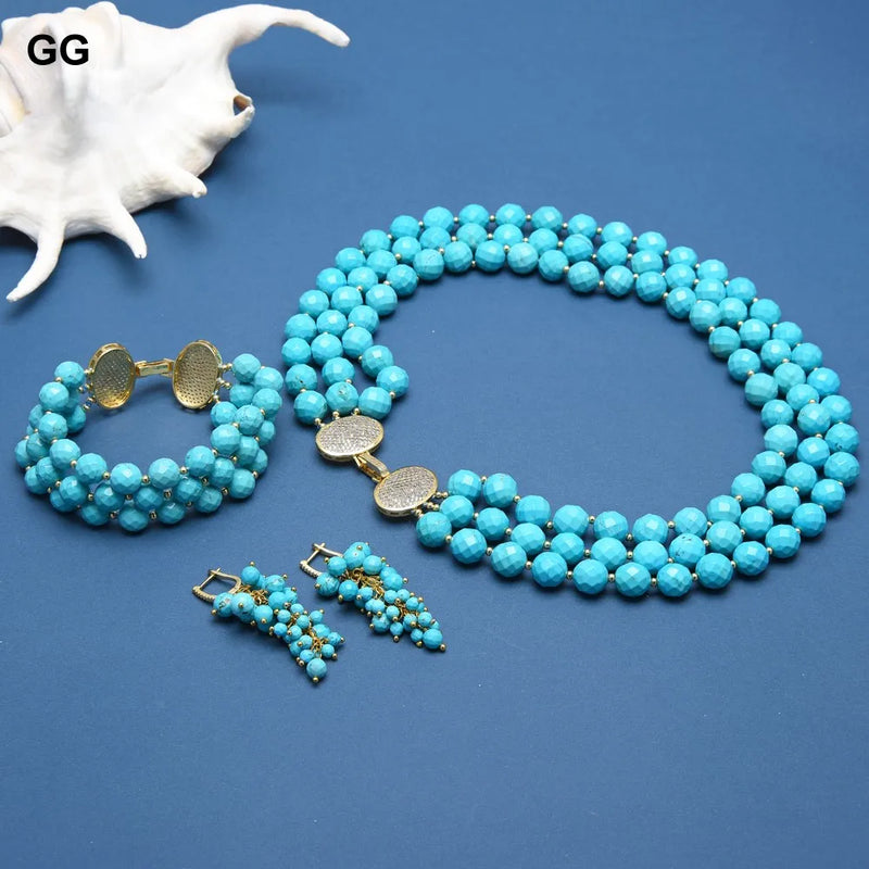 Sterling Silver Blue Turquoise Necklace Jewelry Set For Women