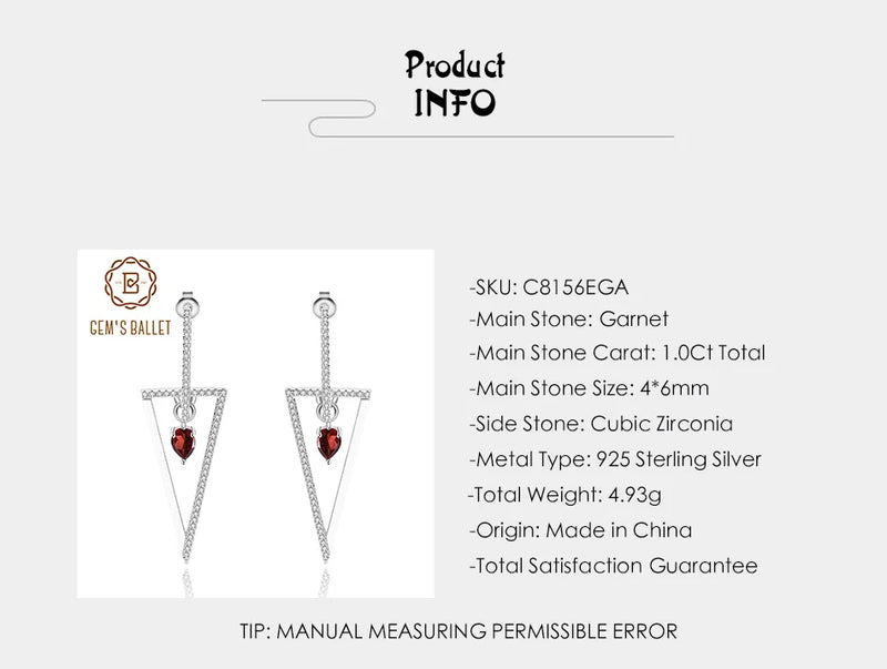 925 Sterling Silver Natural Red Garnet Gemstone Drop Earrings for Women