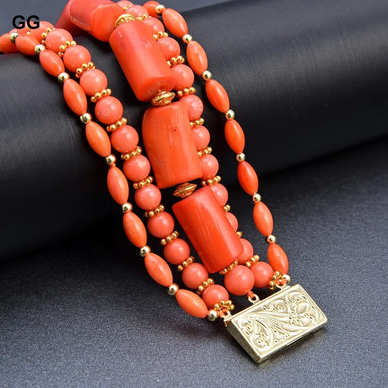 Silver 8" Multi-Shape Orange Coral Bracelet for Lady