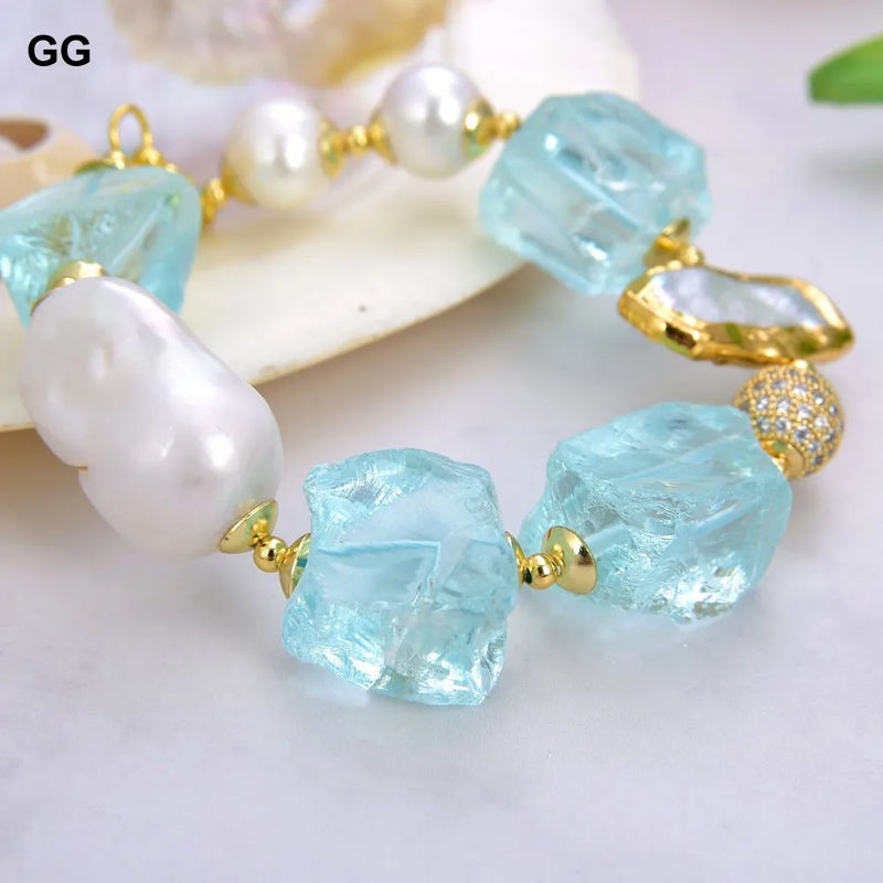 Gold Plated Cultured White Keshi Pearl Biwa Pearl Blue Glass Bracelet for Women