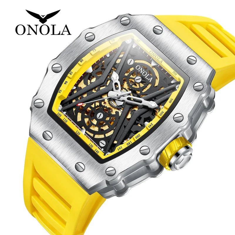 Stainless Steel Square Skeleton Luminous Watch for Men